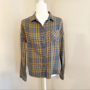 prAna Percy Organic Flannel Shirt Blue Gold Plaid Outdoor